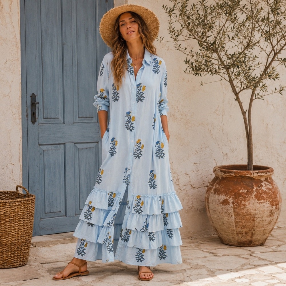 Madison Mathews Cotton Maxi Dress Size Large Blue Floral Block Print Boho Tiered
